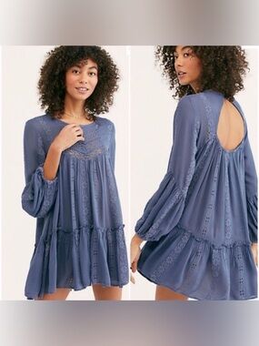Free People Kiss Kiss Lace Tunic Blue Boho Prairie Lace Babydoll Top S Festival